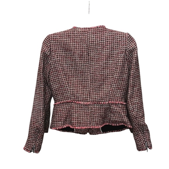 White House Black Market Tweed Plaid Tweed Fringe Metallic Jacket Size 4 - Picture 4 of 10